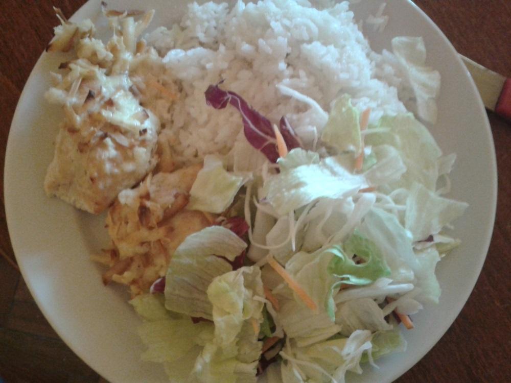 Egy tál göngyölt hús salátával és rizzsel
